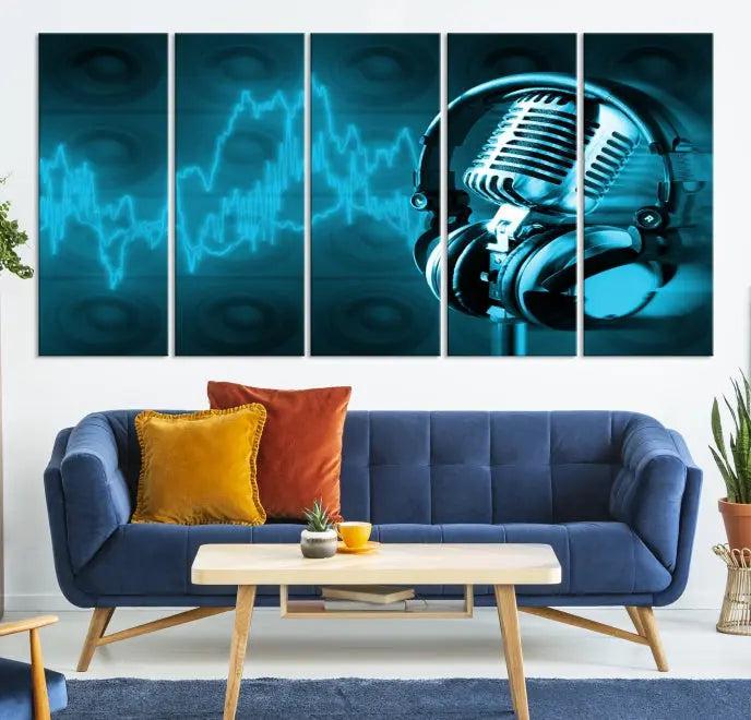 The "Music and Microphone Wall Art Canvas Print" is a triptych artwork on museum-quality canvas, showcasing a microphone and headphones amid blue sound waves. It features gallery wrapping along with a UV-protective coating to ensure lasting vibrancy.