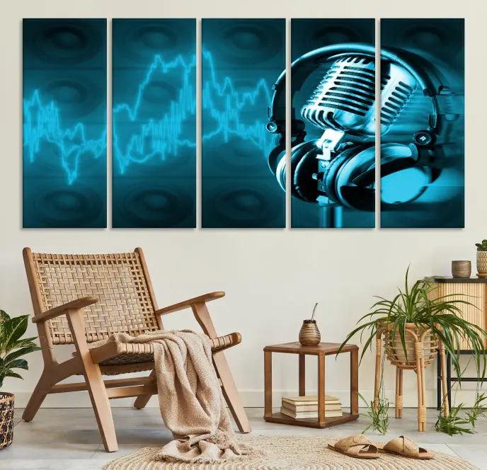 The "Music and Microphone Wall Art Canvas Print" is a triptych artwork on museum-quality canvas, showcasing a microphone and headphones amid blue sound waves. It features gallery wrapping along with a UV-protective coating to ensure lasting vibrancy.