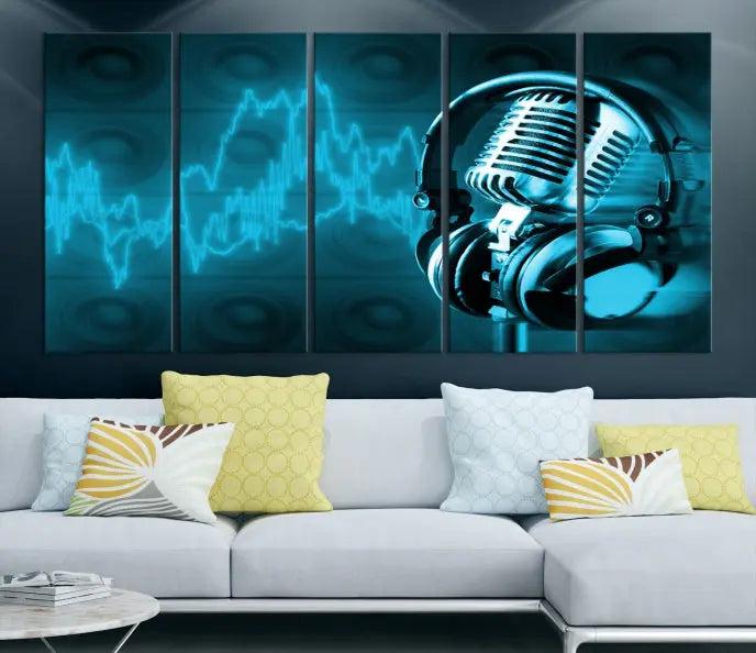 The "Music and Microphone Wall Art Canvas Print" is a triptych artwork on museum-quality canvas, showcasing a microphone and headphones amid blue sound waves. It features gallery wrapping along with a UV-protective coating to ensure lasting vibrancy.