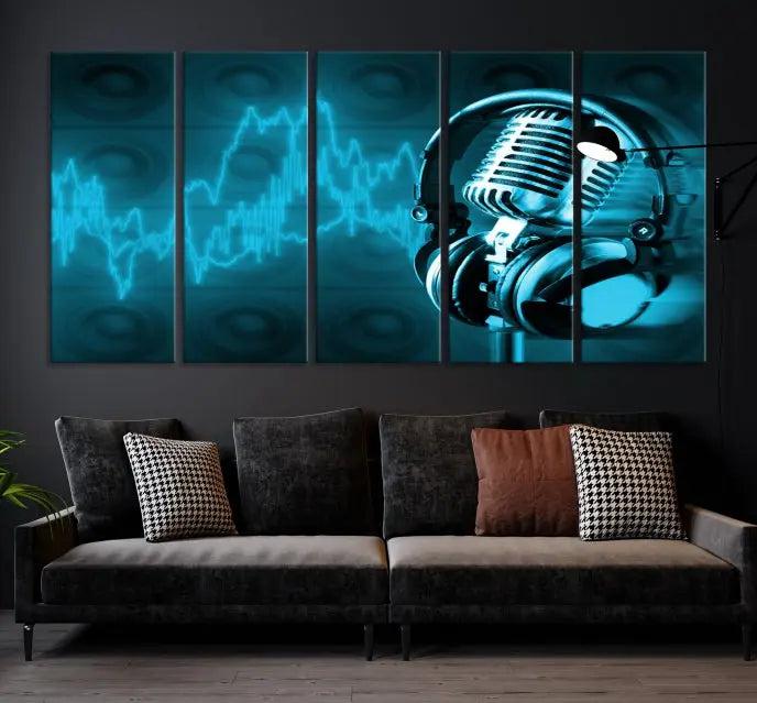 The "Music and Microphone Wall Art Canvas Print" is a triptych artwork on museum-quality canvas, showcasing a microphone and headphones amid blue sound waves. It features gallery wrapping along with a UV-protective coating to ensure lasting vibrancy.