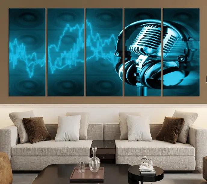 The "Music and Microphone Wall Art Canvas Print" is a triptych artwork on museum-quality canvas, showcasing a microphone and headphones amid blue sound waves. It features gallery wrapping along with a UV-protective coating to ensure lasting vibrancy.