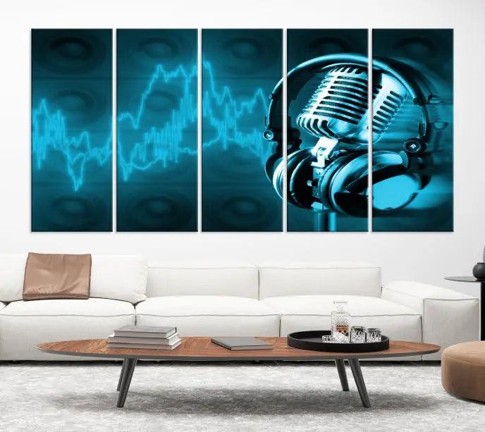 The "Music and Microphone Wall Art Canvas Print" is a triptych artwork on museum-quality canvas, showcasing a microphone and headphones amid blue sound waves. It features gallery wrapping along with a UV-protective coating to ensure lasting vibrancy.