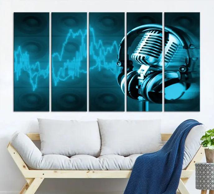 The "Music and Microphone Wall Art Canvas Print" is a triptych artwork on museum-quality canvas, showcasing a microphone and headphones amid blue sound waves. It features gallery wrapping along with a UV-protective coating to ensure lasting vibrancy.