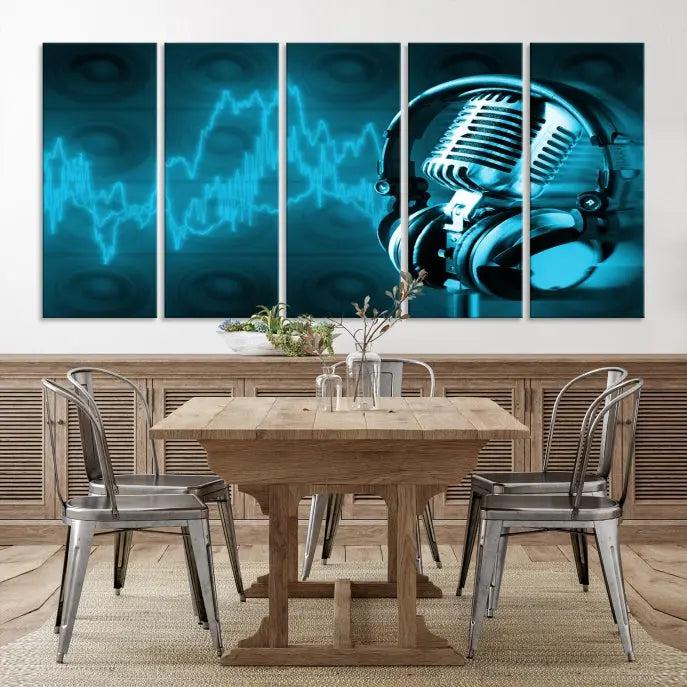 The "Music and Microphone Wall Art Canvas Print" is a triptych artwork on museum-quality canvas, showcasing a microphone and headphones amid blue sound waves. It features gallery wrapping along with a UV-protective coating to ensure lasting vibrancy.