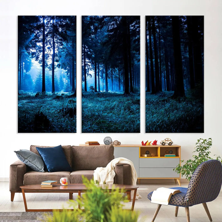 The living room features the Mystic Dark Forest Wall Art canvas print elegantly mounted on the wall. These museum-quality canvases are equipped with a UV-protective coating to maintain their remarkable detail, and you can also enjoy free shipping on your order.