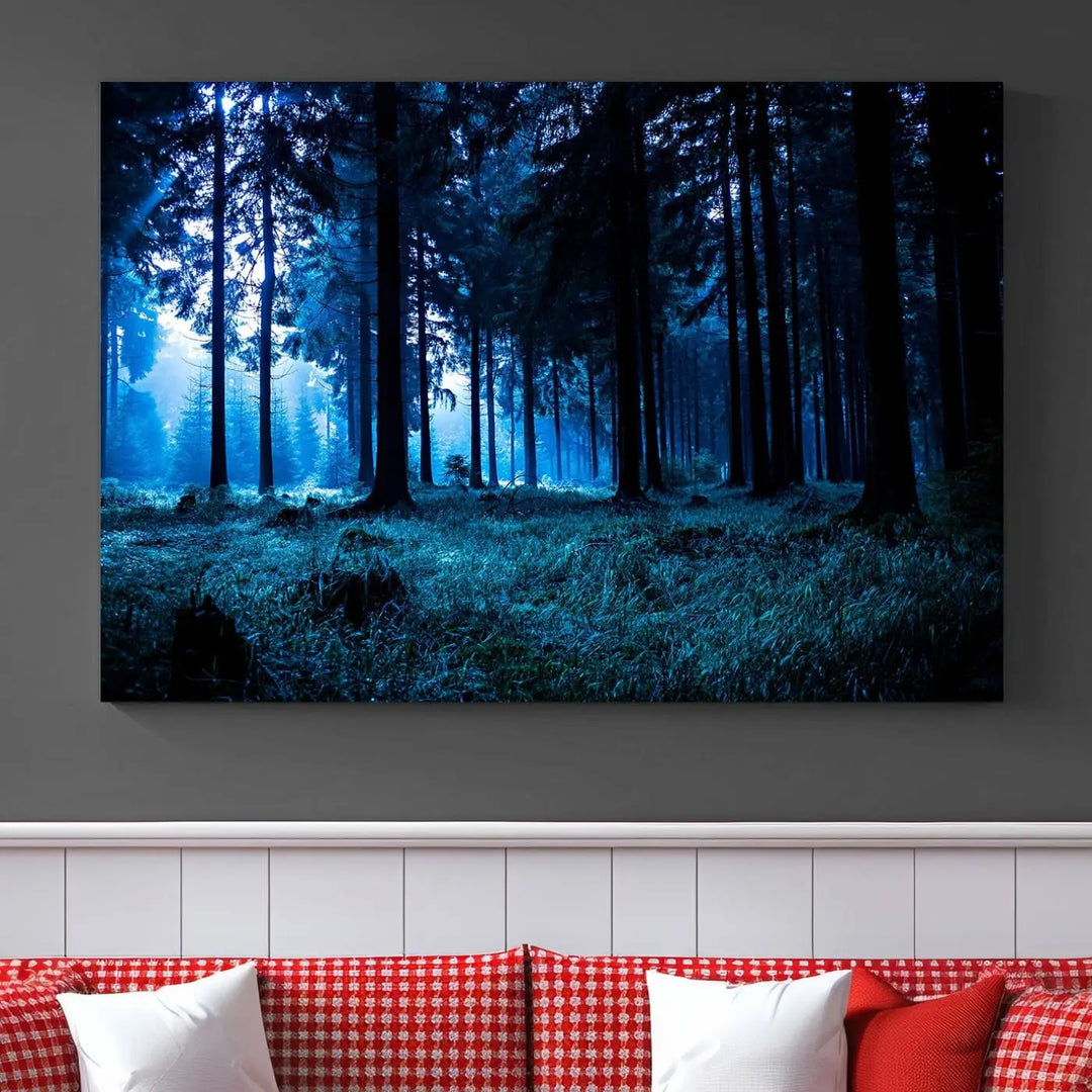 The living room features the Mystic Dark Forest Wall Art canvas print elegantly mounted on the wall. These museum-quality canvases are equipped with a UV-protective coating to maintain their remarkable detail, and you can also enjoy free shipping on your order.