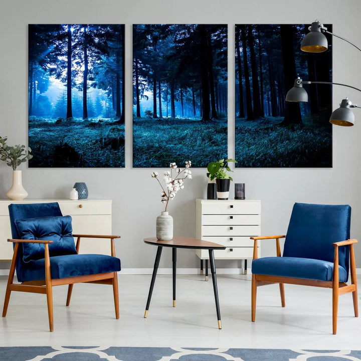 The living room features the Mystic Dark Forest Wall Art canvas print elegantly mounted on the wall. These museum-quality canvases are equipped with a UV-protective coating to maintain their remarkable detail, and you can also enjoy free shipping on your order.