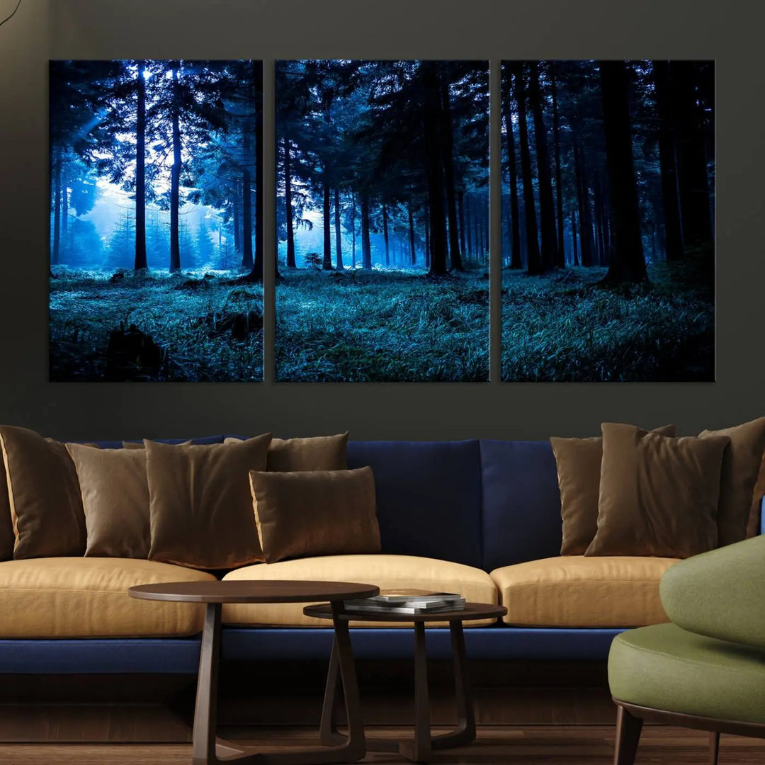 The living room features the Mystic Dark Forest Wall Art canvas print elegantly mounted on the wall. These museum-quality canvases are equipped with a UV-protective coating to maintain their remarkable detail, and you can also enjoy free shipping on your order.