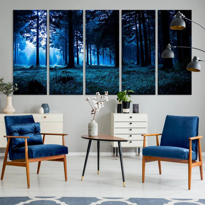 The living room features the Mystic Dark Forest Wall Art canvas print elegantly mounted on the wall. These museum-quality canvases are equipped with a UV-protective coating to maintain their remarkable detail, and you can also enjoy free shipping on your order.