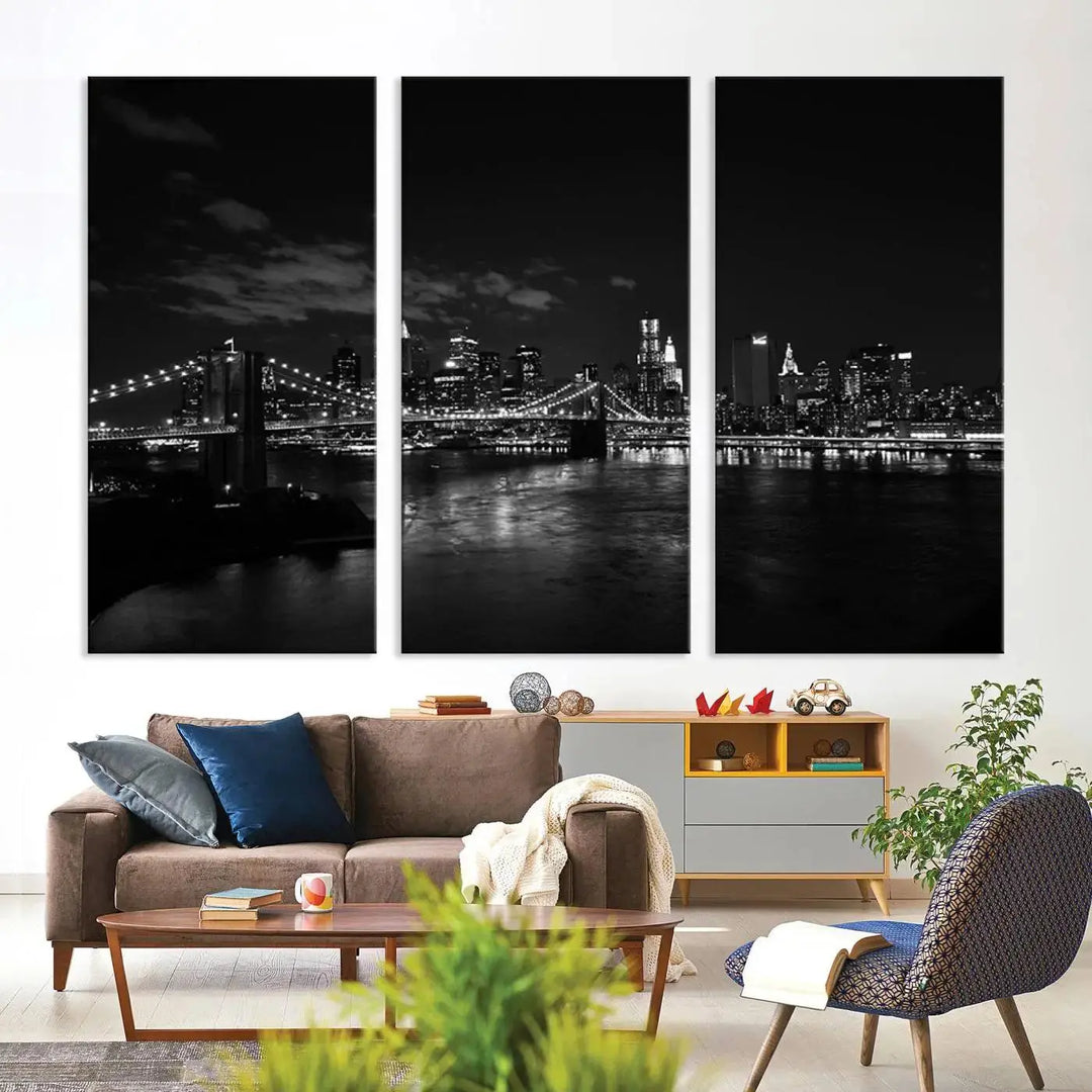 The "NEW YORK Canvas Prints Black and White Brooklyn Bridge Print" is a stunning triptych showcasing the iconic city skyline and bridge. Printed on museum-quality canvas with a UV-protective coating, it is ready to hang and instantly elevates your decor.