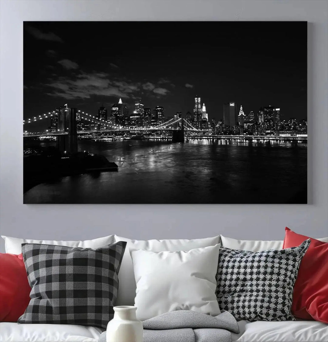 The "NEW YORK Canvas Prints Black and White Brooklyn Bridge Print" is a stunning triptych showcasing the iconic city skyline and bridge. Printed on museum-quality canvas with a UV-protective coating, it is ready to hang and instantly elevates your decor.