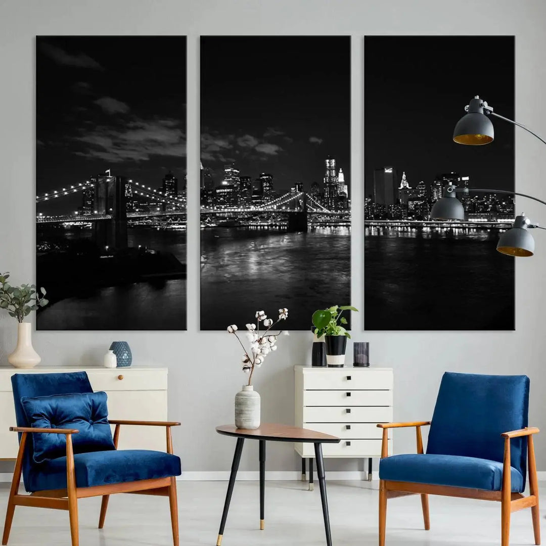 The "NEW YORK Canvas Prints Black and White Brooklyn Bridge Print" is a stunning triptych showcasing the iconic city skyline and bridge. Printed on museum-quality canvas with a UV-protective coating, it is ready to hang and instantly elevates your decor.