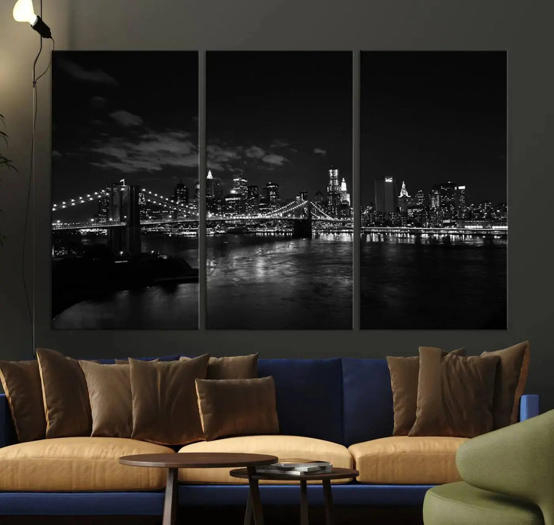 The "NEW YORK Canvas Prints Black and White Brooklyn Bridge Print" is a stunning triptych showcasing the iconic city skyline and bridge. Printed on museum-quality canvas with a UV-protective coating, it is ready to hang and instantly elevates your decor.