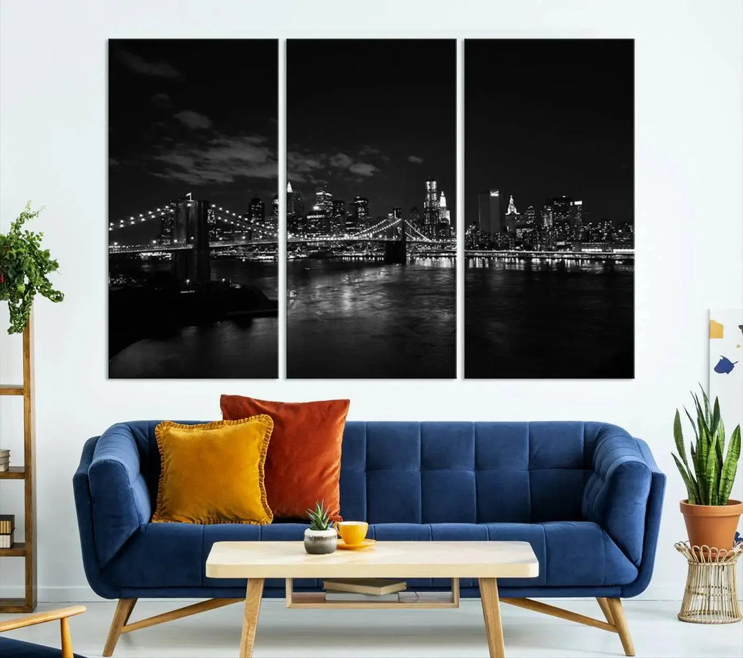 The "NEW YORK Canvas Prints Black and White Brooklyn Bridge Print" is a stunning triptych showcasing the iconic city skyline and bridge. Printed on museum-quality canvas with a UV-protective coating, it is ready to hang and instantly elevates your decor.