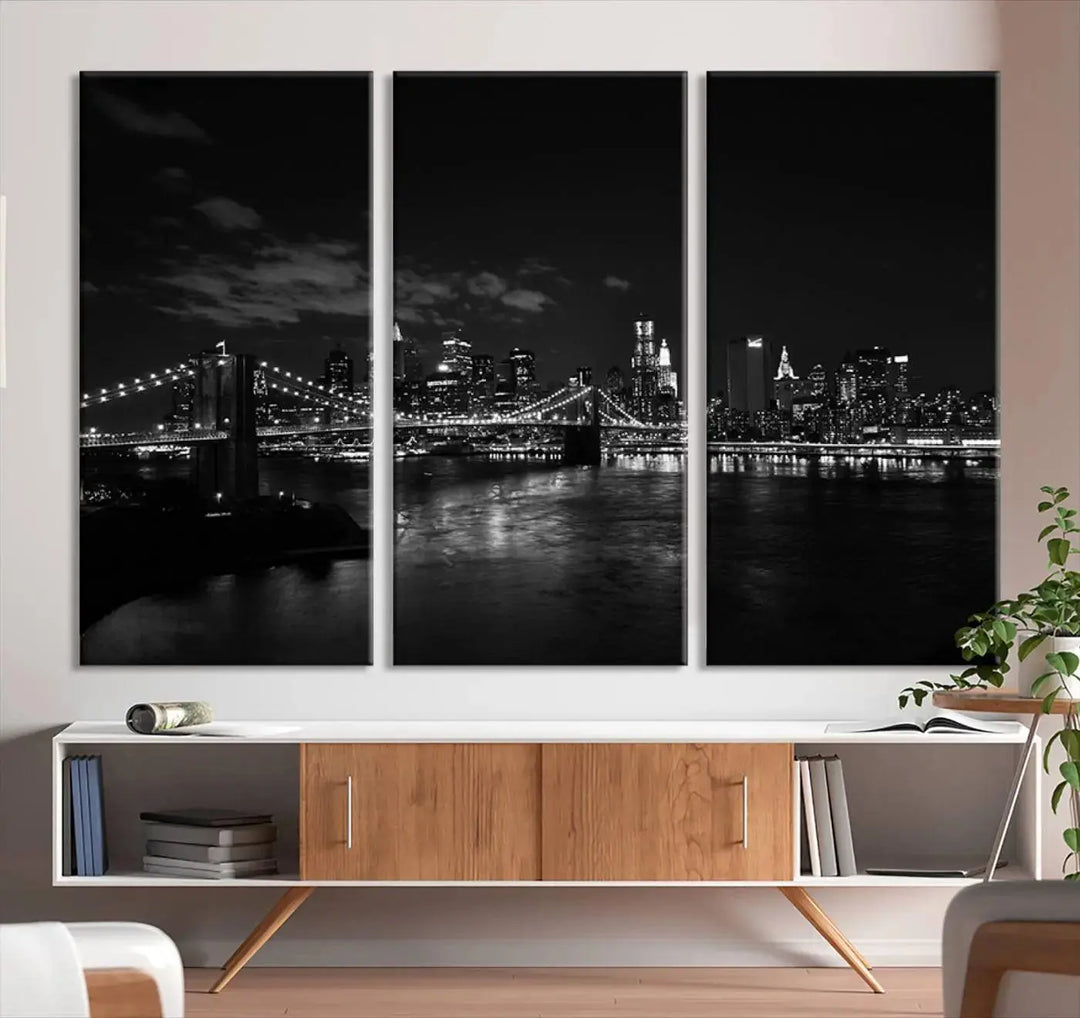 The "NEW YORK Canvas Prints Black and White Brooklyn Bridge Print" is a stunning triptych showcasing the iconic city skyline and bridge. Printed on museum-quality canvas with a UV-protective coating, it is ready to hang and instantly elevates your decor.