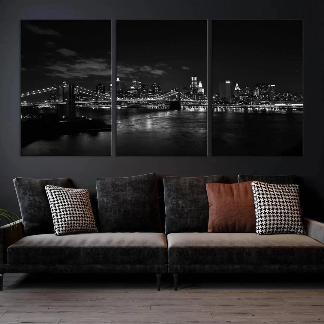 The "NEW YORK Canvas Prints Black and White Brooklyn Bridge Print" is a stunning triptych showcasing the iconic city skyline and bridge. Printed on museum-quality canvas with a UV-protective coating, it is ready to hang and instantly elevates your decor.