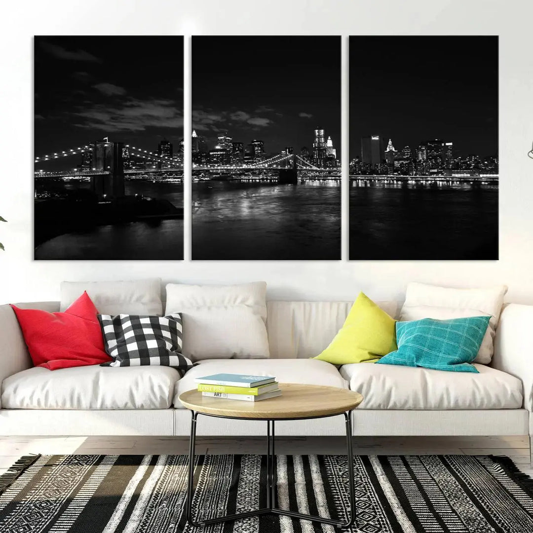 The "NEW YORK Canvas Prints Black and White Brooklyn Bridge Print" is a stunning triptych showcasing the iconic city skyline and bridge. Printed on museum-quality canvas with a UV-protective coating, it is ready to hang and instantly elevates your decor.