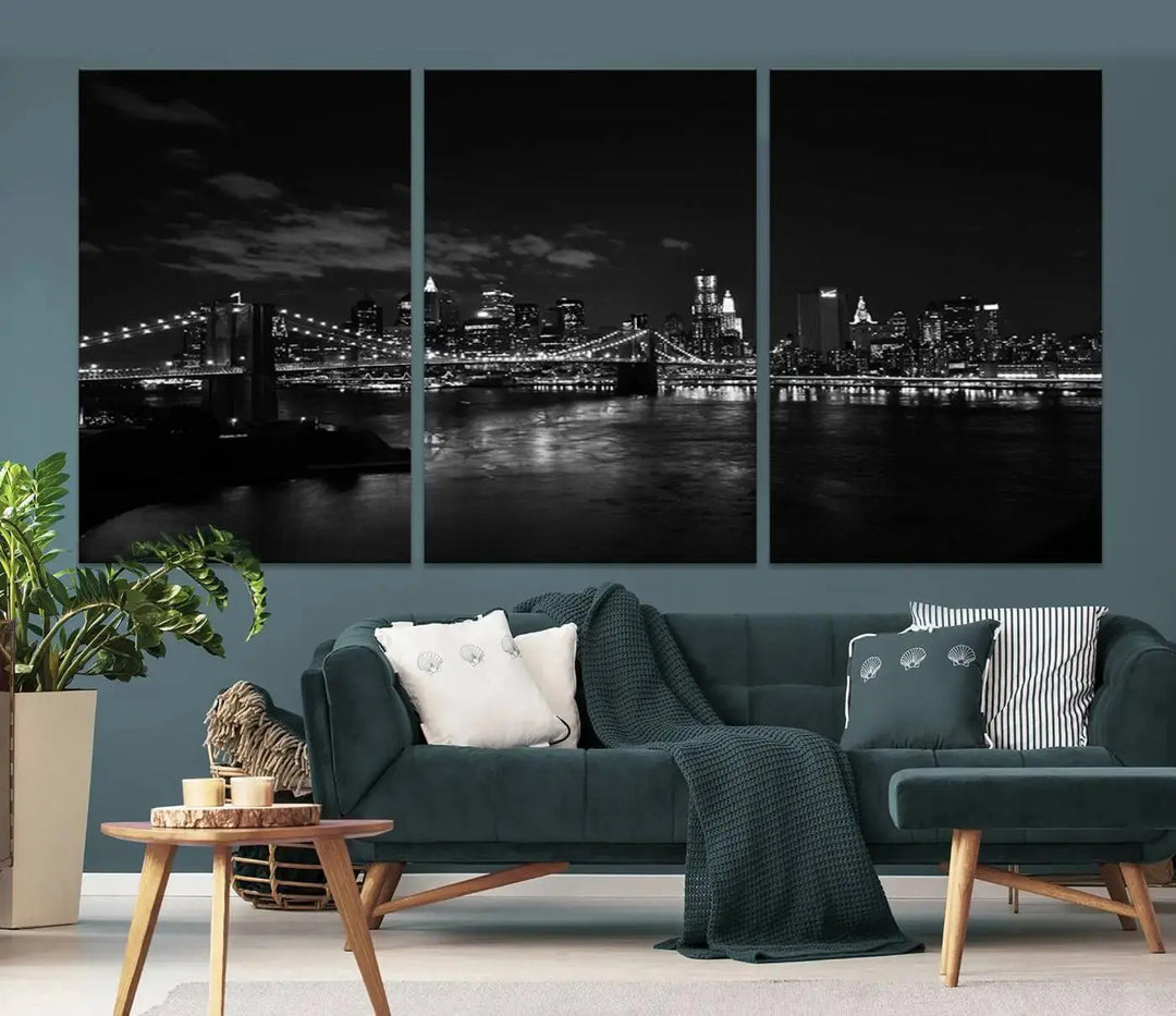 The "NEW YORK Canvas Prints Black and White Brooklyn Bridge Print" is a stunning triptych showcasing the iconic city skyline and bridge. Printed on museum-quality canvas with a UV-protective coating, it is ready to hang and instantly elevates your decor.