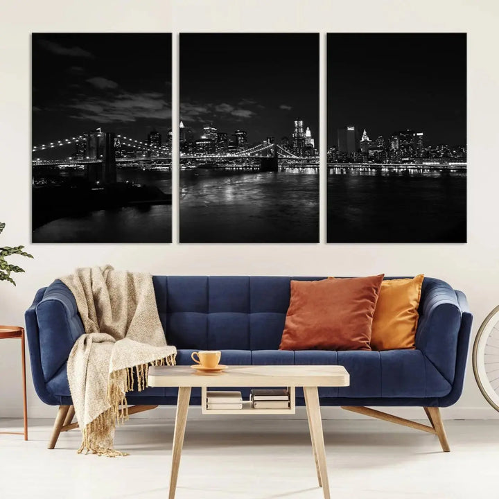 The "NEW YORK Canvas Prints Black and White Brooklyn Bridge Print" is a stunning triptych showcasing the iconic city skyline and bridge. Printed on museum-quality canvas with a UV-protective coating, it is ready to hang and instantly elevates your decor.