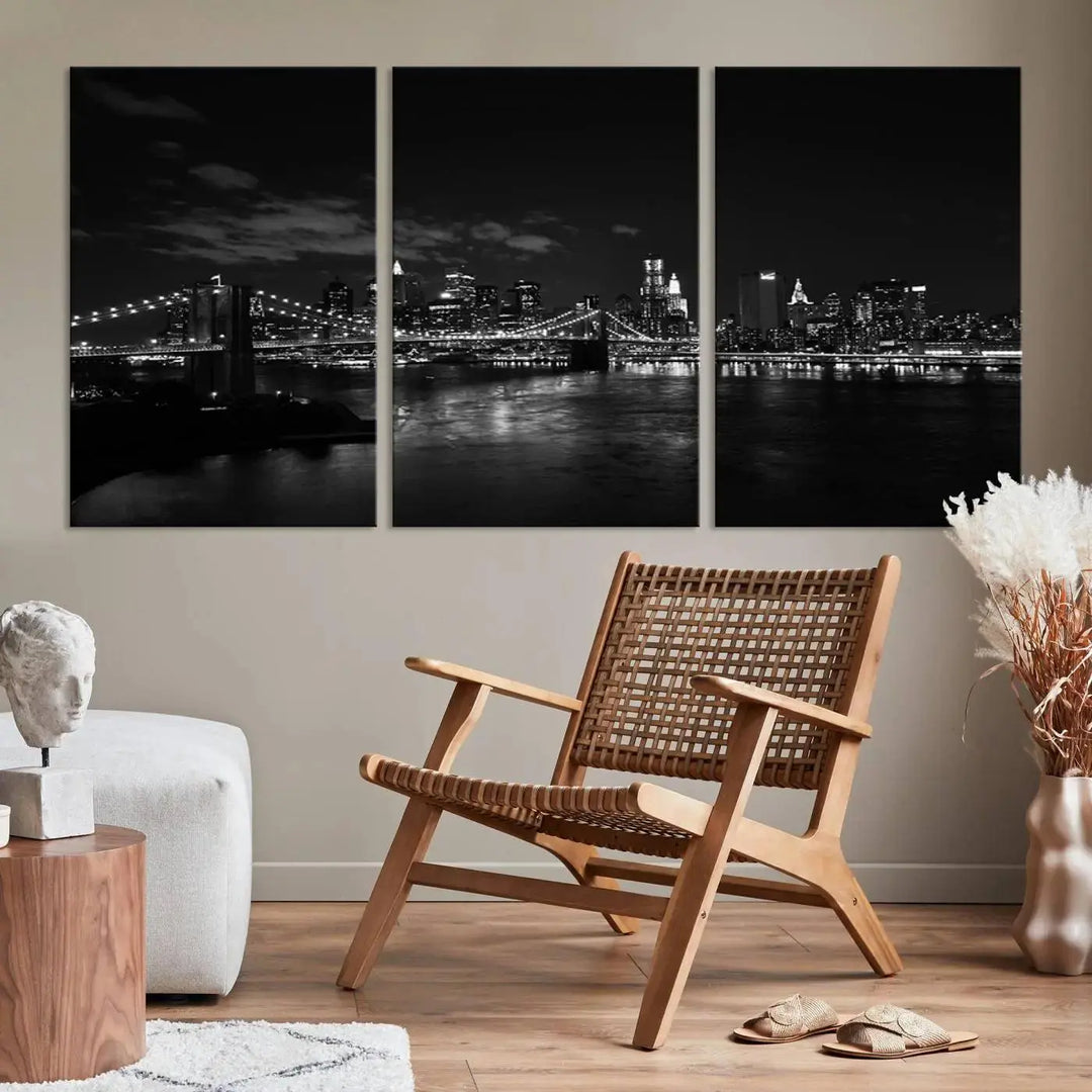 The "NEW YORK Canvas Prints Black and White Brooklyn Bridge Print" is a stunning triptych showcasing the iconic city skyline and bridge. Printed on museum-quality canvas with a UV-protective coating, it is ready to hang and instantly elevates your decor.