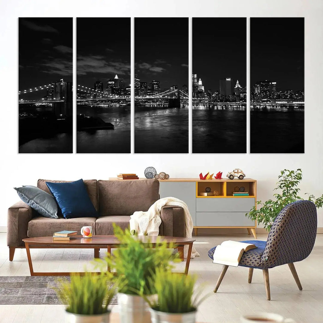 The "NEW YORK Canvas Prints Black and White Brooklyn Bridge Print" is a stunning triptych showcasing the iconic city skyline and bridge. Printed on museum-quality canvas with a UV-protective coating, it is ready to hang and instantly elevates your decor.