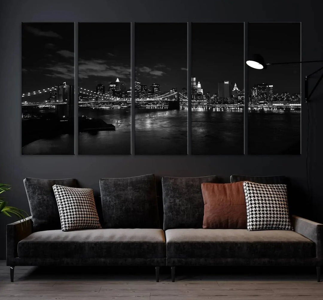 The "NEW YORK Canvas Prints Black and White Brooklyn Bridge Print" is a stunning triptych showcasing the iconic city skyline and bridge. Printed on museum-quality canvas with a UV-protective coating, it is ready to hang and instantly elevates your decor.