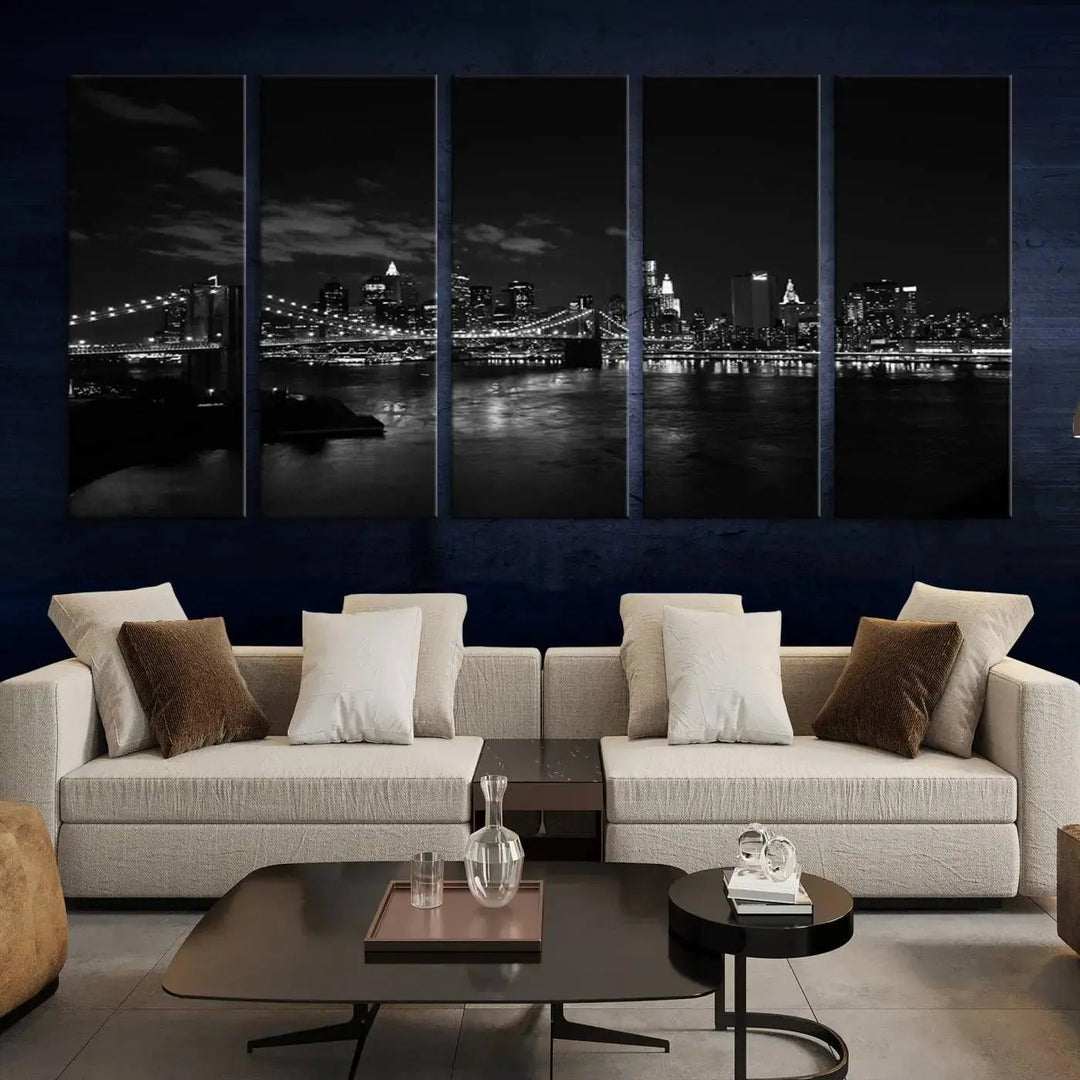 The "NEW YORK Canvas Prints Black and White Brooklyn Bridge Print" is a stunning triptych showcasing the iconic city skyline and bridge. Printed on museum-quality canvas with a UV-protective coating, it is ready to hang and instantly elevates your decor.