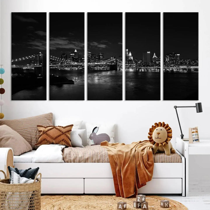 The "NEW YORK Canvas Prints Black and White Brooklyn Bridge Print" is a stunning triptych showcasing the iconic city skyline and bridge. Printed on museum-quality canvas with a UV-protective coating, it is ready to hang and instantly elevates your decor.