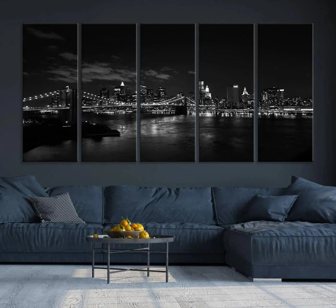 The "NEW YORK Canvas Prints Black and White Brooklyn Bridge Print" is a stunning triptych showcasing the iconic city skyline and bridge. Printed on museum-quality canvas with a UV-protective coating, it is ready to hang and instantly elevates your decor.