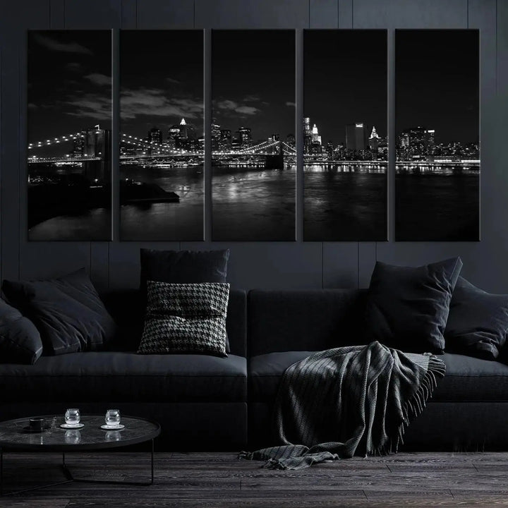 The "NEW YORK Canvas Prints Black and White Brooklyn Bridge Print" is a stunning triptych showcasing the iconic city skyline and bridge. Printed on museum-quality canvas with a UV-protective coating, it is ready to hang and instantly elevates your decor.