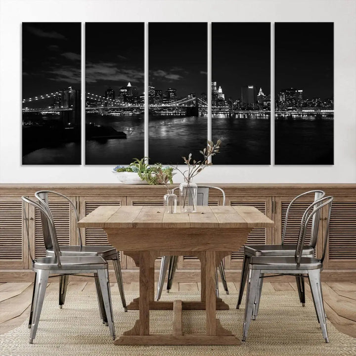 The "NEW YORK Canvas Prints Black and White Brooklyn Bridge Print" is a stunning triptych showcasing the iconic city skyline and bridge. Printed on museum-quality canvas with a UV-protective coating, it is ready to hang and instantly elevates your decor.