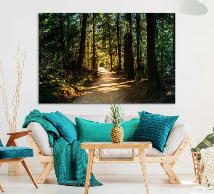 The Natural Landscape Wall Art Relaxing Forest Canvas Print features a triptych design showcasing a sunlit forest path, printed on premium museum-quality canvas with UV-protective coating. This beautiful artwork offers an oasis of tranquility and enhances your space. Enjoy free shipping on this stunning piece.