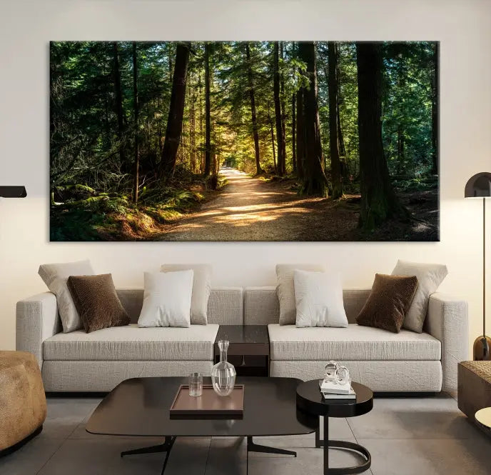 The Natural Landscape Wall Art Relaxing Forest Canvas Print features a triptych design showcasing a sunlit forest path, printed on premium museum-quality canvas with UV-protective coating. This beautiful artwork offers an oasis of tranquility and enhances your space. Enjoy free shipping on this stunning piece.