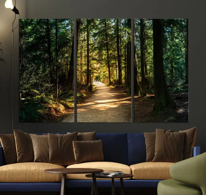 The Natural Landscape Wall Art Relaxing Forest Canvas Print features a triptych design showcasing a sunlit forest path, printed on premium museum-quality canvas with UV-protective coating. This beautiful artwork offers an oasis of tranquility and enhances your space. Enjoy free shipping on this stunning piece.