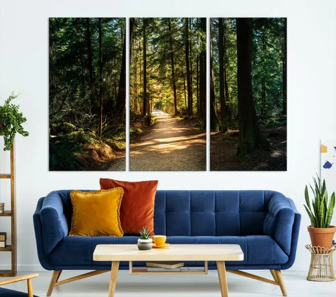 The Natural Landscape Wall Art Relaxing Forest Canvas Print features a triptych design showcasing a sunlit forest path, printed on premium museum-quality canvas with UV-protective coating. This beautiful artwork offers an oasis of tranquility and enhances your space. Enjoy free shipping on this stunning piece.