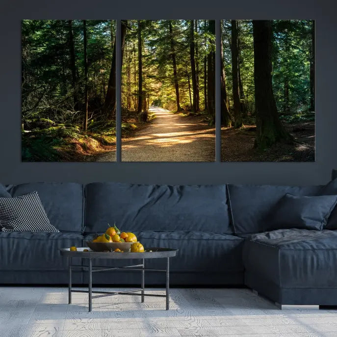 The Natural Landscape Wall Art Relaxing Forest Canvas Print features a triptych design showcasing a sunlit forest path, printed on premium museum-quality canvas with UV-protective coating. This beautiful artwork offers an oasis of tranquility and enhances your space. Enjoy free shipping on this stunning piece.