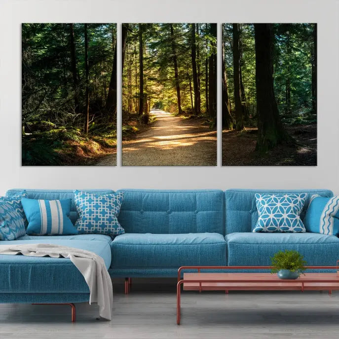 The Natural Landscape Wall Art Relaxing Forest Canvas Print features a triptych design showcasing a sunlit forest path, printed on premium museum-quality canvas with UV-protective coating. This beautiful artwork offers an oasis of tranquility and enhances your space. Enjoy free shipping on this stunning piece.