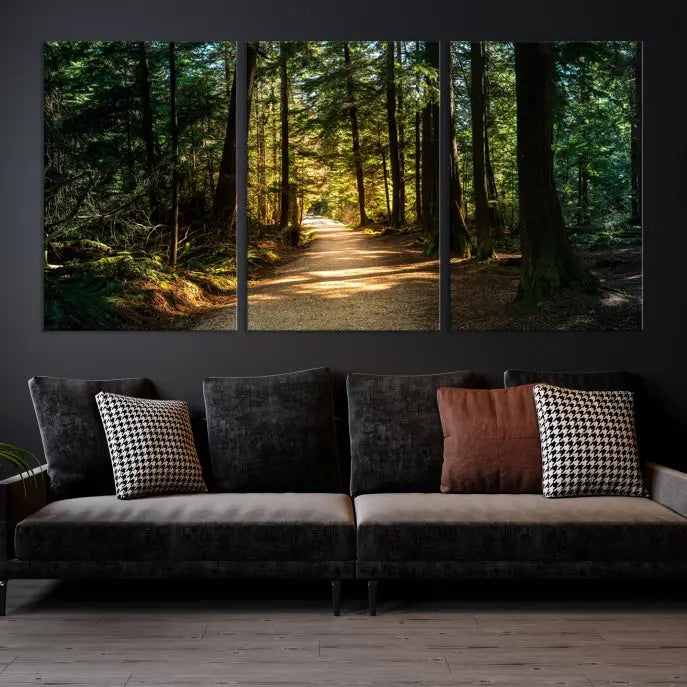 The Natural Landscape Wall Art Relaxing Forest Canvas Print features a triptych design showcasing a sunlit forest path, printed on premium museum-quality canvas with UV-protective coating. This beautiful artwork offers an oasis of tranquility and enhances your space. Enjoy free shipping on this stunning piece.