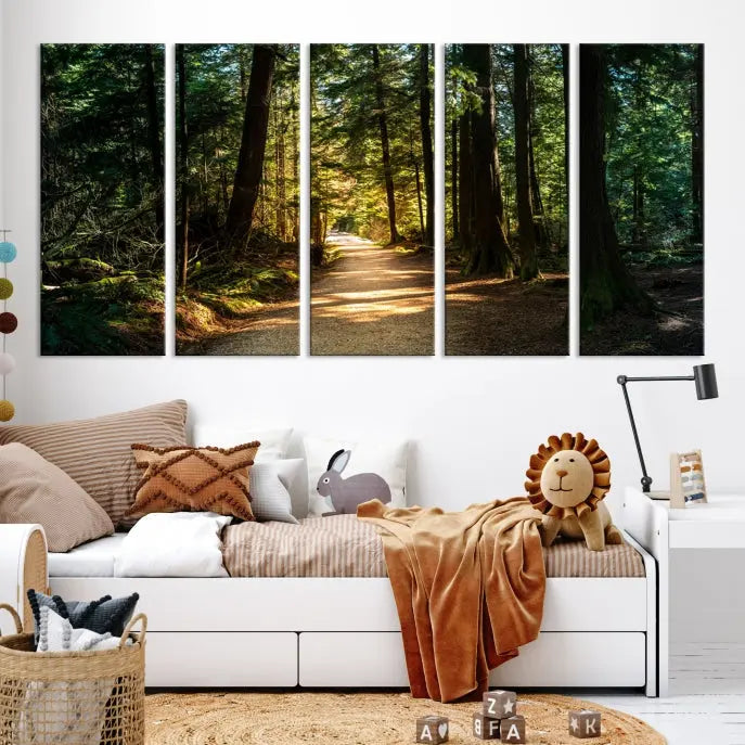 The Natural Landscape Wall Art Relaxing Forest Canvas Print features a triptych design showcasing a sunlit forest path, printed on premium museum-quality canvas with UV-protective coating. This beautiful artwork offers an oasis of tranquility and enhances your space. Enjoy free shipping on this stunning piece.