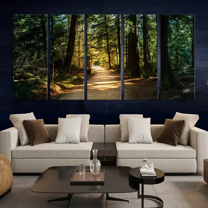 The Natural Landscape Wall Art Relaxing Forest Canvas Print features a triptych design showcasing a sunlit forest path, printed on premium museum-quality canvas with UV-protective coating. This beautiful artwork offers an oasis of tranquility and enhances your space. Enjoy free shipping on this stunning piece.