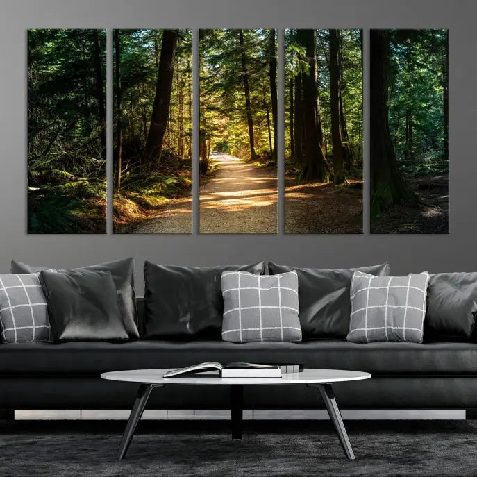 The Natural Landscape Wall Art Relaxing Forest Canvas Print features a triptych design showcasing a sunlit forest path, printed on premium museum-quality canvas with UV-protective coating. This beautiful artwork offers an oasis of tranquility and enhances your space. Enjoy free shipping on this stunning piece.