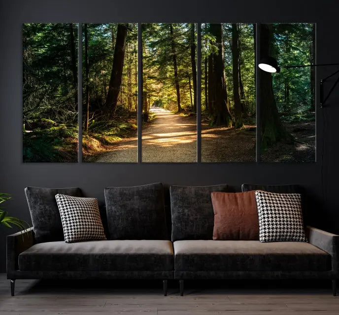 The Natural Landscape Wall Art Relaxing Forest Canvas Print features a triptych design showcasing a sunlit forest path, printed on premium museum-quality canvas with UV-protective coating. This beautiful artwork offers an oasis of tranquility and enhances your space. Enjoy free shipping on this stunning piece.