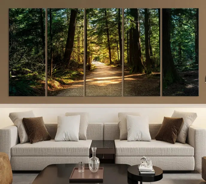 The Natural Landscape Wall Art Relaxing Forest Canvas Print features a triptych design showcasing a sunlit forest path, printed on premium museum-quality canvas with UV-protective coating. This beautiful artwork offers an oasis of tranquility and enhances your space. Enjoy free shipping on this stunning piece.