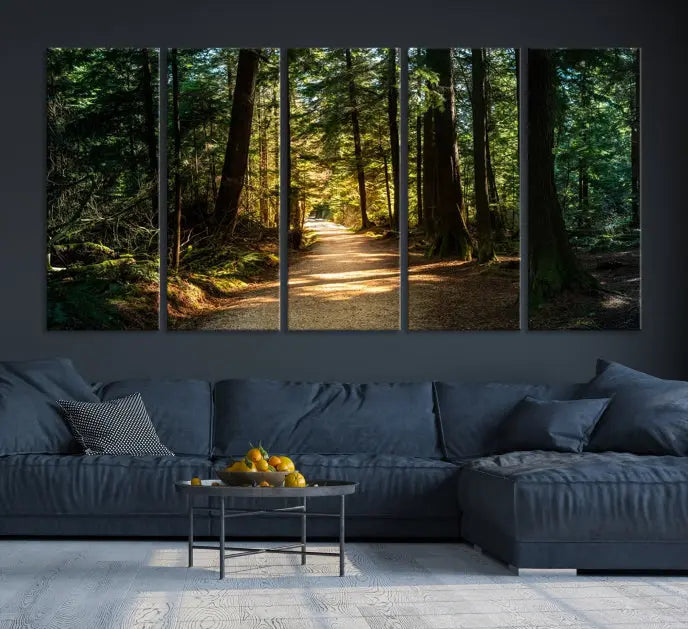 The Natural Landscape Wall Art Relaxing Forest Canvas Print features a triptych design showcasing a sunlit forest path, printed on premium museum-quality canvas with UV-protective coating. This beautiful artwork offers an oasis of tranquility and enhances your space. Enjoy free shipping on this stunning piece.