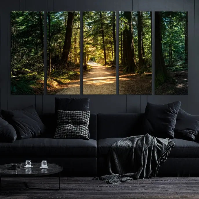 The Natural Landscape Wall Art Relaxing Forest Canvas Print features a triptych design showcasing a sunlit forest path, printed on premium museum-quality canvas with UV-protective coating. This beautiful artwork offers an oasis of tranquility and enhances your space. Enjoy free shipping on this stunning piece.