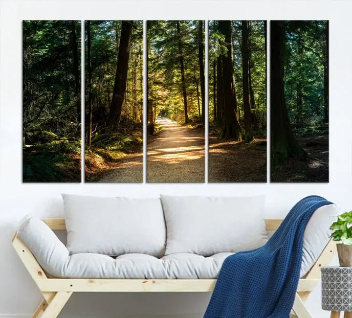 The Natural Landscape Wall Art Relaxing Forest Canvas Print features a triptych design showcasing a sunlit forest path, printed on premium museum-quality canvas with UV-protective coating. This beautiful artwork offers an oasis of tranquility and enhances your space. Enjoy free shipping on this stunning piece.