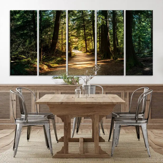 The Natural Landscape Wall Art Relaxing Forest Canvas Print features a triptych design showcasing a sunlit forest path, printed on premium museum-quality canvas with UV-protective coating. This beautiful artwork offers an oasis of tranquility and enhances your space. Enjoy free shipping on this stunning piece.