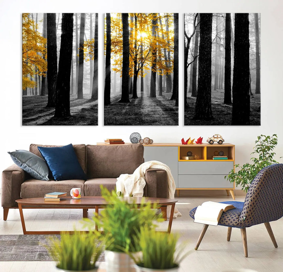 The living room features the "Nature Misty Foggy Autumn Forest" wall art on museum-quality canvas, highlighting the space with its captivating imagery.