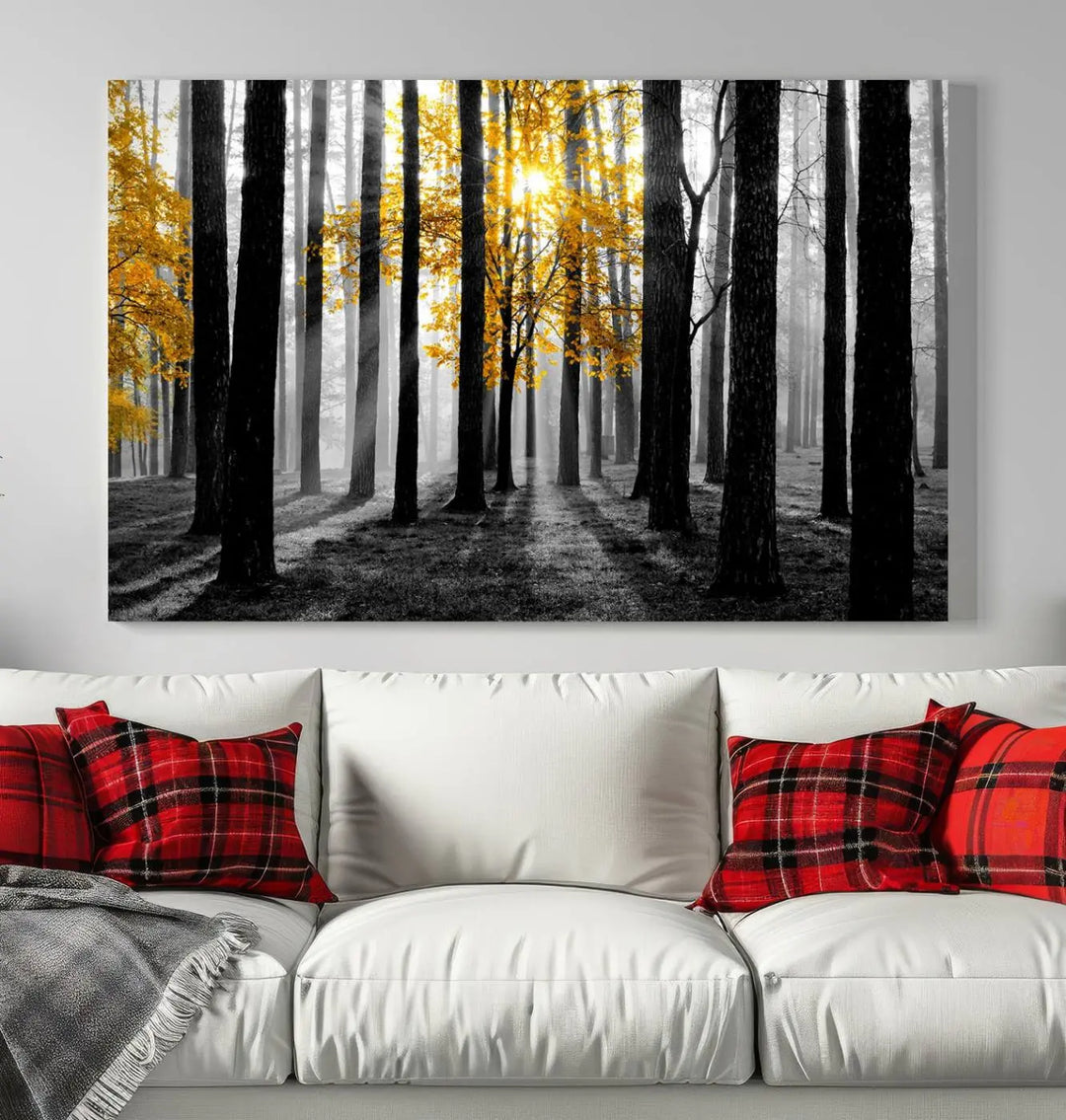 The living room features the "Nature Misty Foggy Autumn Forest" wall art on museum-quality canvas, highlighting the space with its captivating imagery.