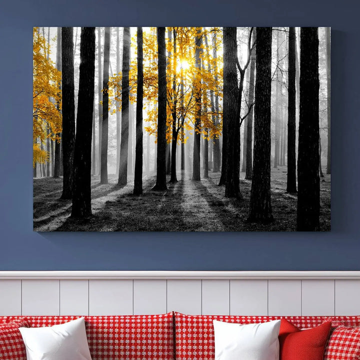 The living room features the "Nature Misty Foggy Autumn Forest" wall art on museum-quality canvas, highlighting the space with its captivating imagery.